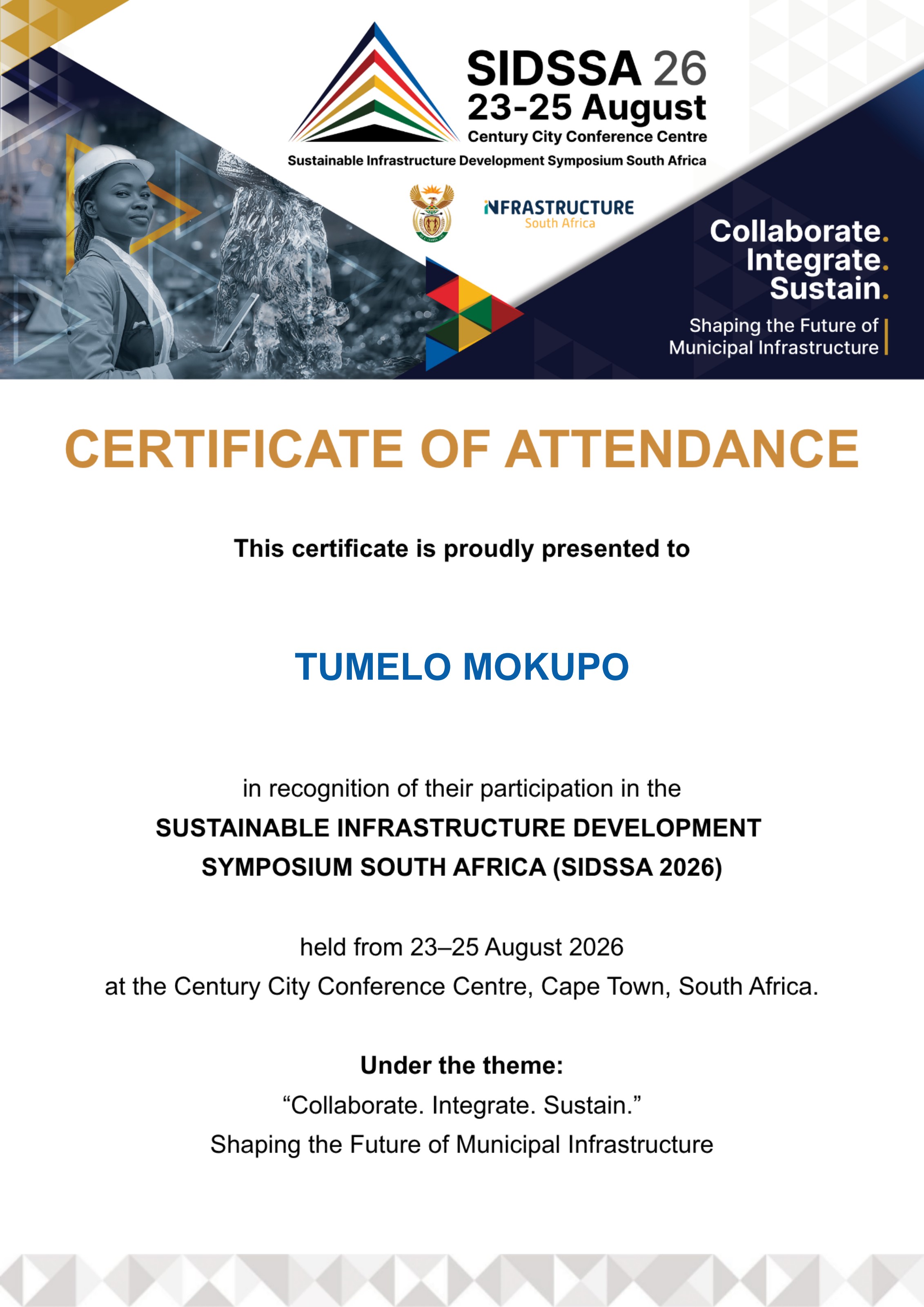 Certificate of attendance presented to Tumelo Mokupo for participation in SIDSSA 2026 in Cape Town